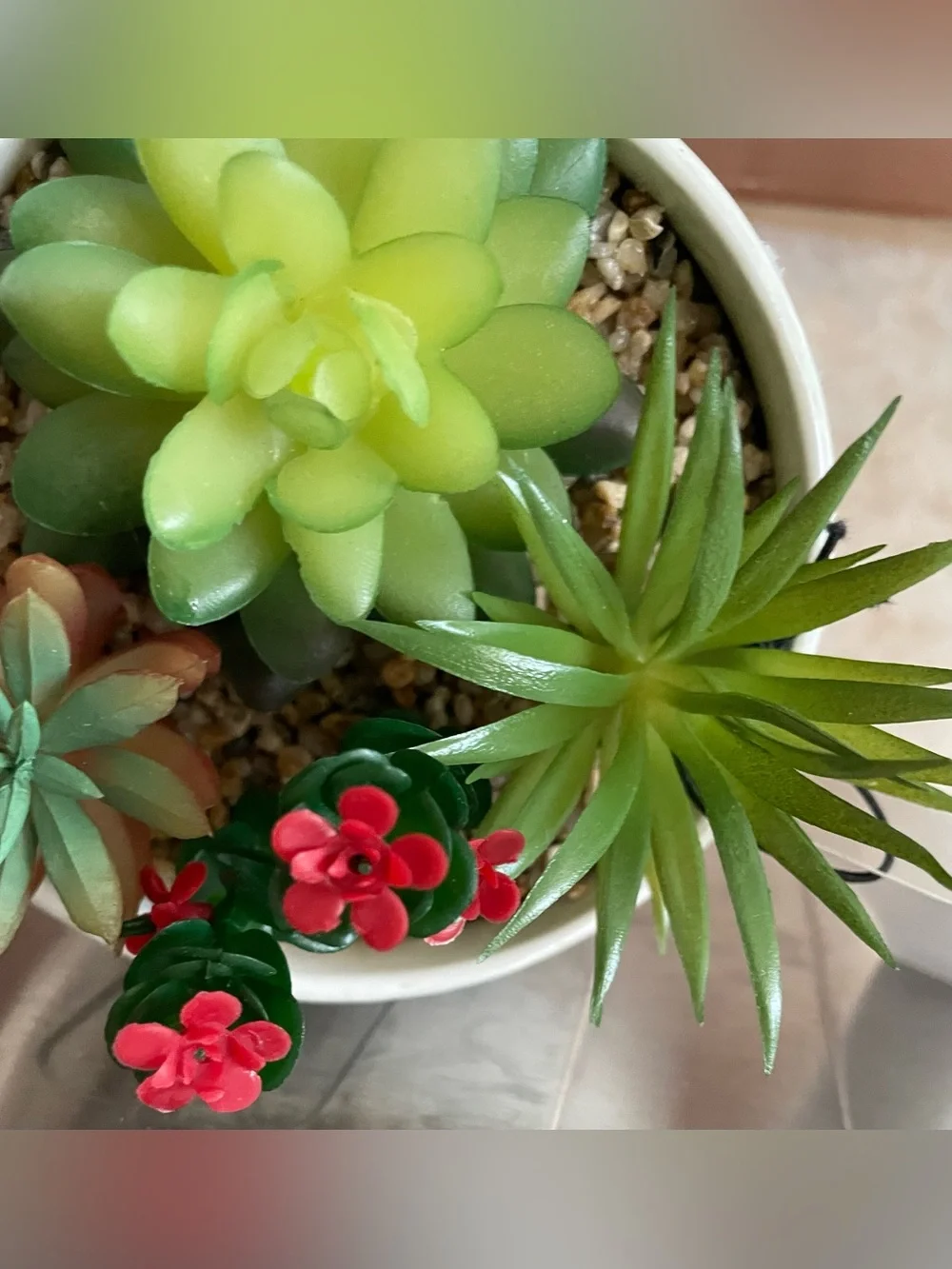 Marbled White Ceramic Planter with Red & Green Faux Succulents